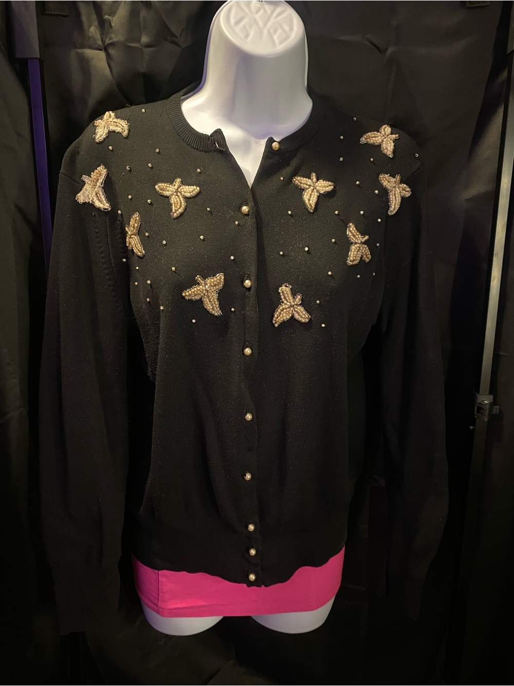Vintage 1940s-50s Black Embellished Pearl-Button Cardigan Sweater - Classic Chic